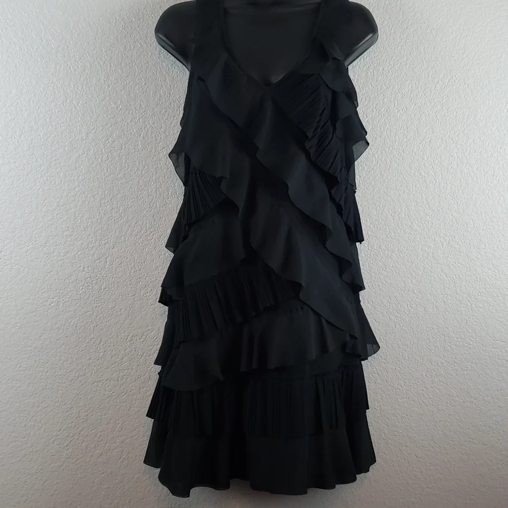 Loft | Women's Tier Ruffle V-Neck Pull-On Black Dress Sz S - Picture 2 of 9